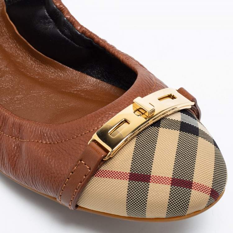 Pre Owned Burberry Brown Canvas & Leather Ballet Flats Size 42