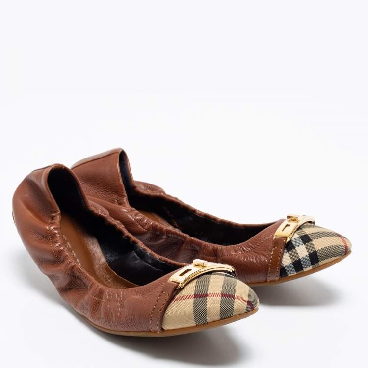 Pre Owned Burberry Brown Canvas & Leather Ballet Flats Size 42