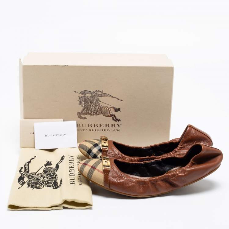 Pre Owned Burberry Brown Canvas & Leather Ballet Flats Size 42