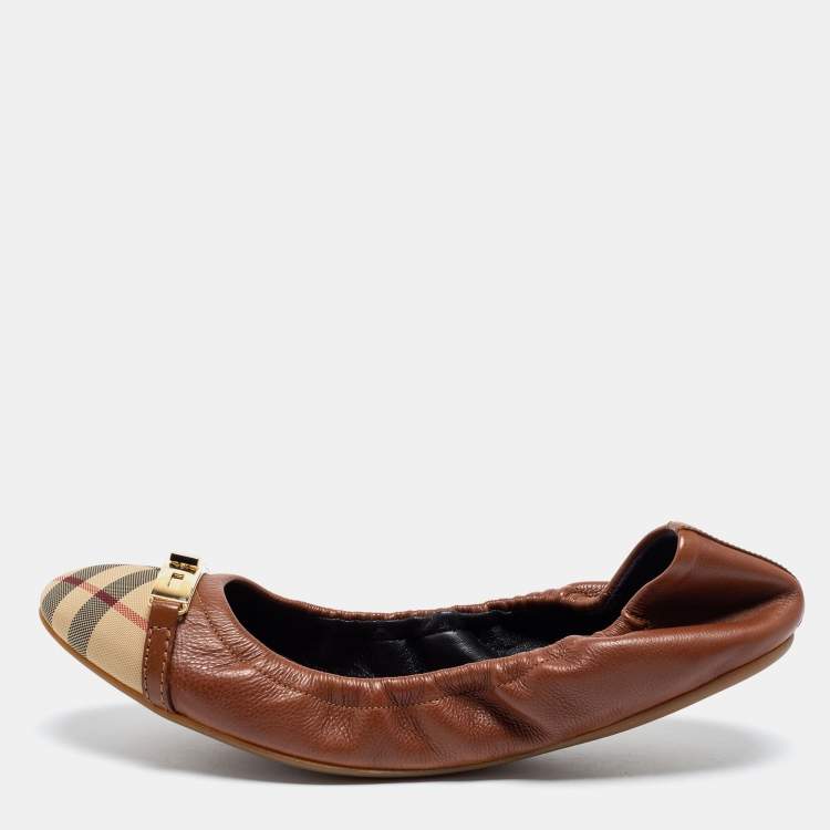 Pre Owned Burberry Brown Canvas & Leather Ballet Flats Size 42