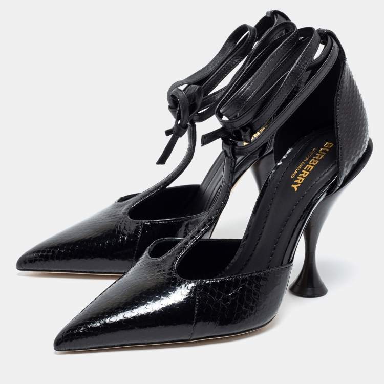 Pre Owned Burberry Black Snakeskin Leather Welton T Strap Ankle Wrap Pumps Size 39
