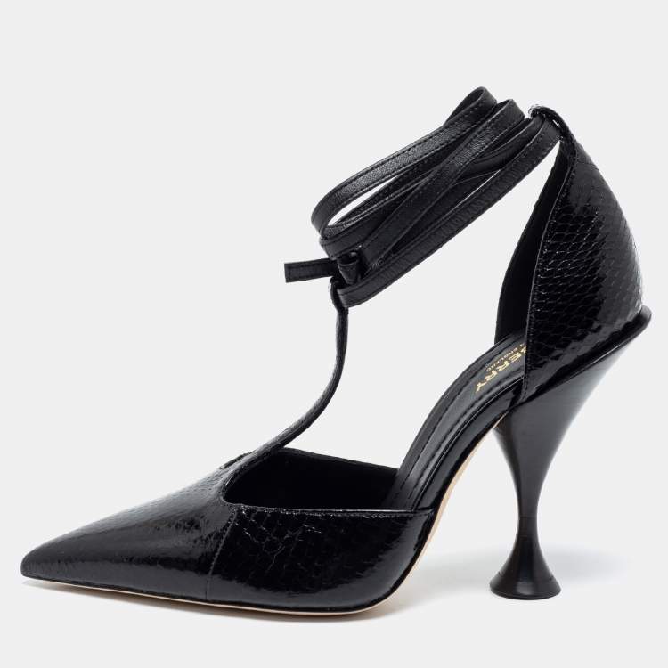 Pre Owned Burberry Black Snakeskin Leather Welton T Strap Ankle Wrap Pumps Size 39