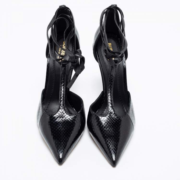 Pre Owned Burberry Black Snakeskin Leather Welton T Strap Ankle Wrap Pumps Size 39