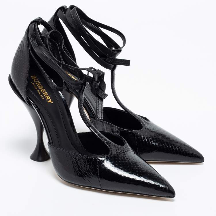 Pre Owned Burberry Black Snakeskin Leather Welton T Strap Ankle Wrap Pumps Size 39