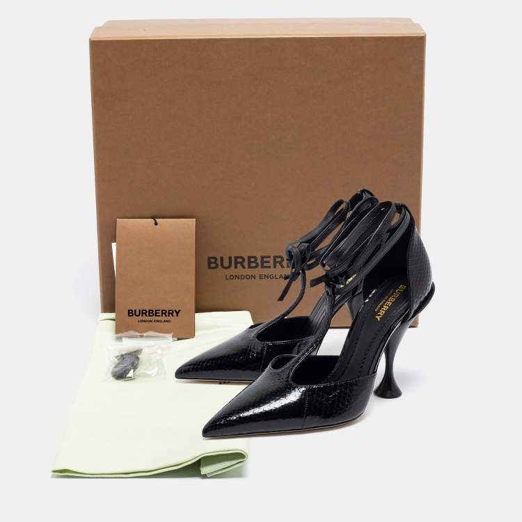 Pre Owned Burberry Black Snakeskin Leather Welton T Strap Ankle Wrap Pumps Size 38.5