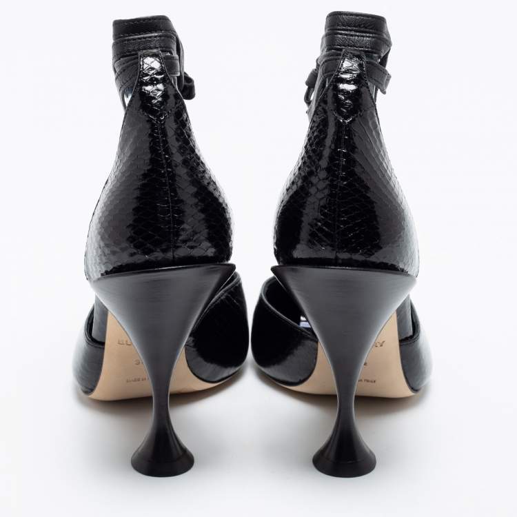 Pre Owned Burberry Black Snakeskin Leather Welton T Strap Ankle Wrap Pumps Size 38.5