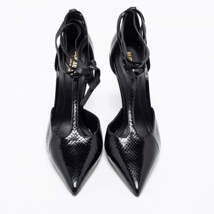 Pre Owned Burberry Black Snakeskin Leather Welton T Strap Ankle Wrap Pumps Size 38.5