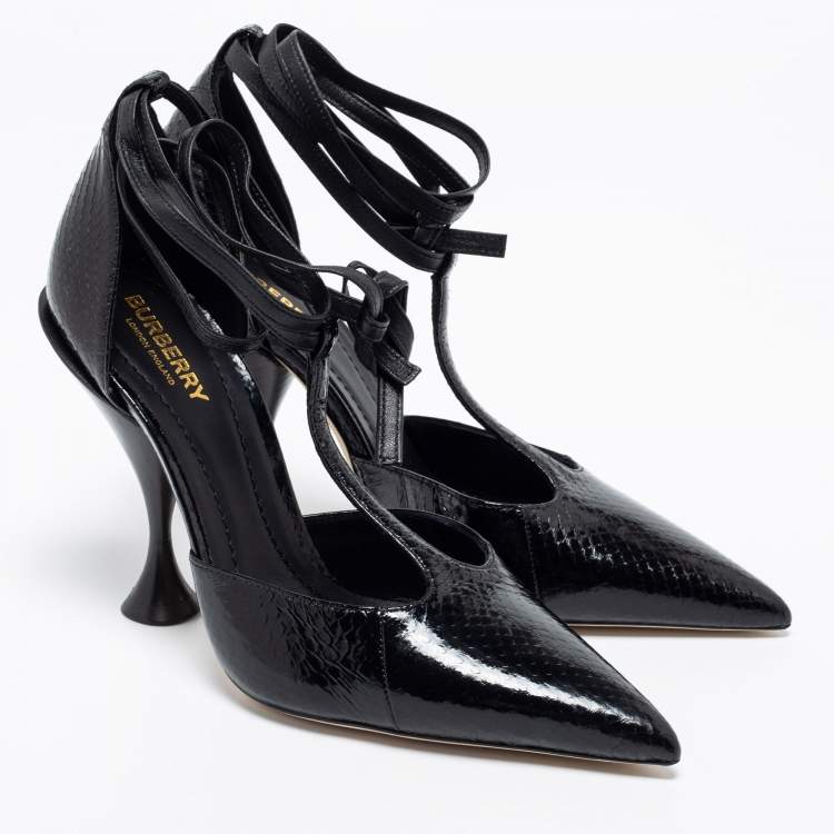 Pre Owned Burberry Black Snakeskin Leather Welton T Strap Ankle Wrap Pumps Size 38.5