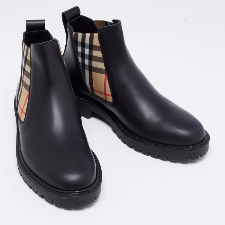 Pre Owned Burberry Black Vintage Check Detail Leather Chelsea Boots Size  39