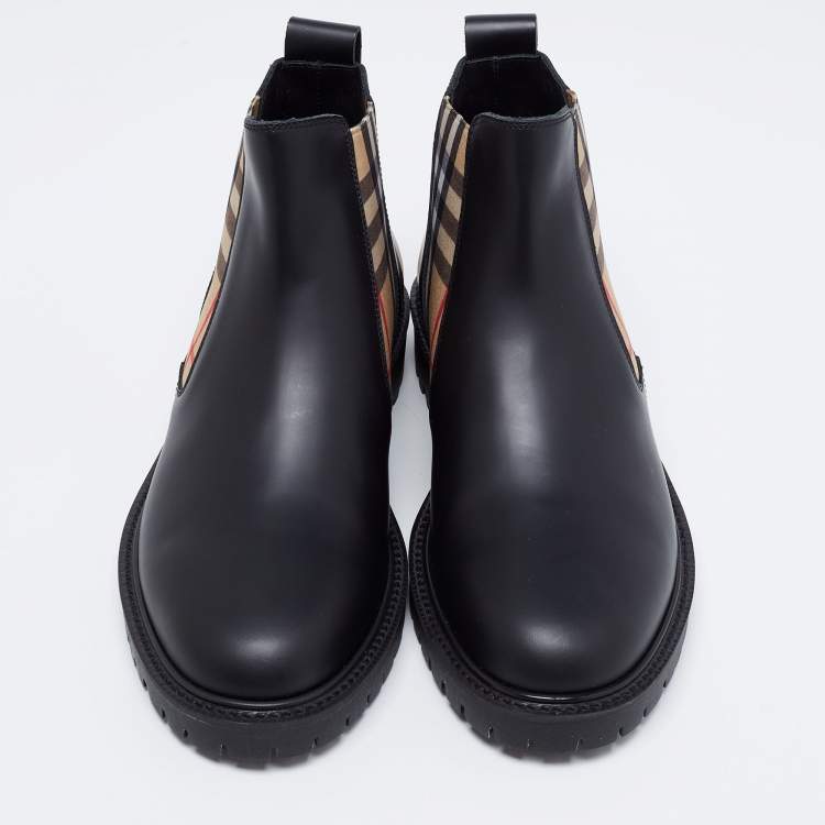 Pre Owned Burberry Black Vintage Check Detail Leather Chelsea Boots Size  39