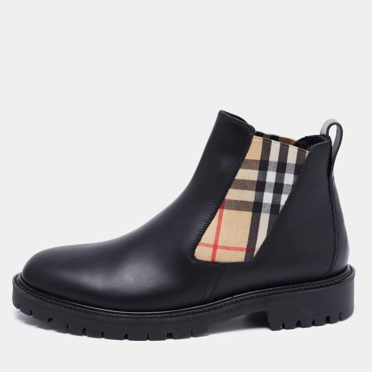 Pre Owned Burberry Black Vintage Check Detail Leather Chelsea Boots Size  39
