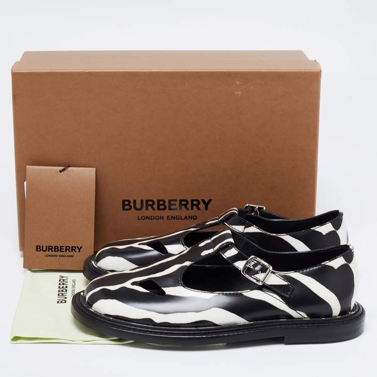 Pre Owned Burberry Black/White Leather Zebra Print T Bar Loafers Size 39.5 