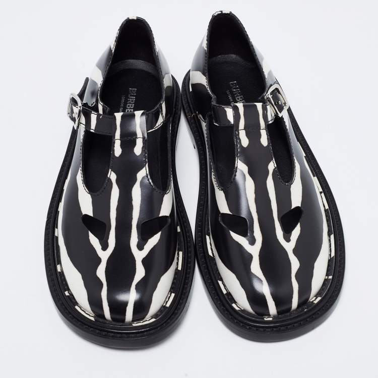 Pre Owned Burberry Black/White Leather Zebra Print T Bar Loafers Size 39.5 