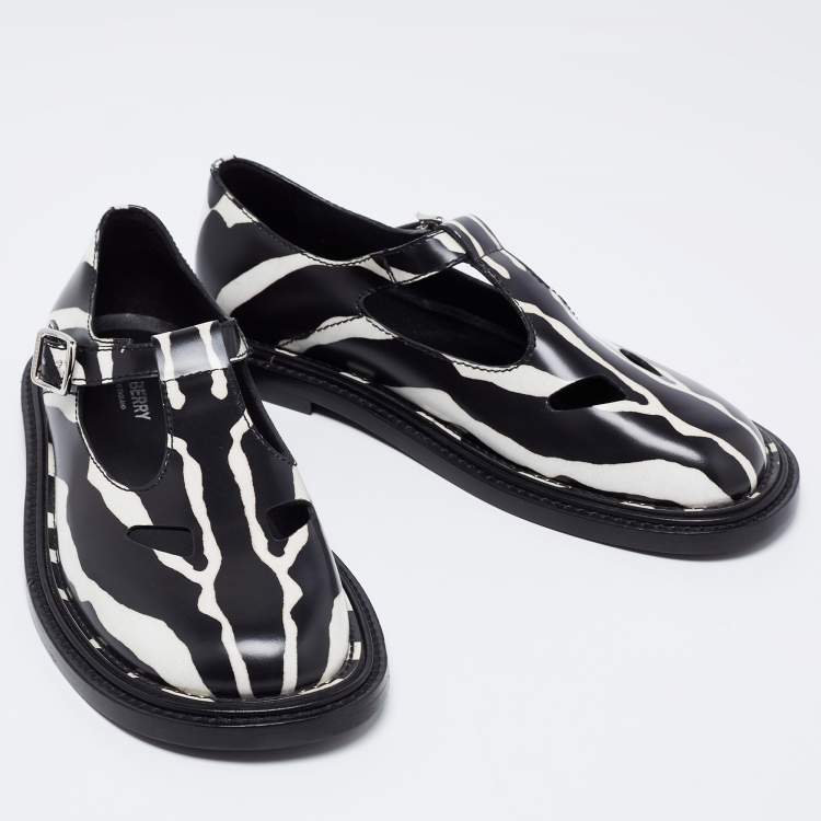 Pre Owned Burberry Black/White Leather Zebra Print T Bar Loafers Size 39.5 