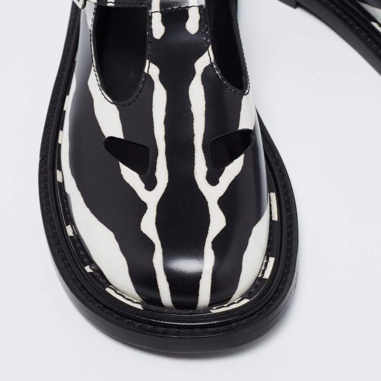 Pre Owned Burberry Black/White Leather Zebra Print T Bar Loafers Size 39.5 