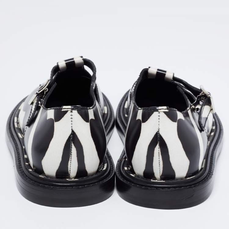 Pre Owned Burberry Black/White Leather Zebra Print T Bar Loafers Size 39.5 