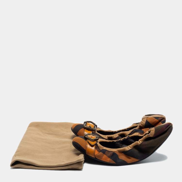 Pre Owned Burberry Multicolor Nova Check Canvas and Leather Buckle Scrunch Ballet Flats Size 39