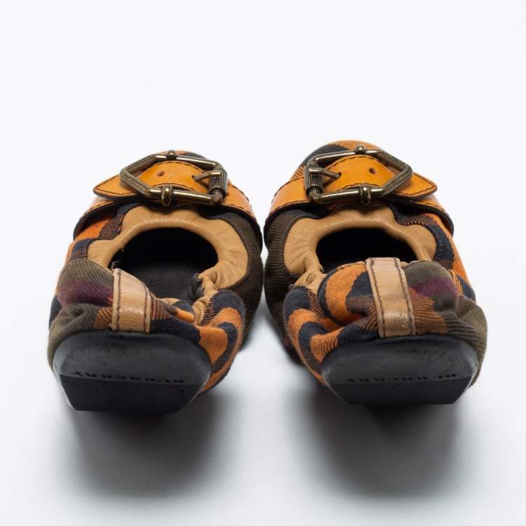 Pre Owned Burberry Multicolor Nova Check Canvas and Leather Buckle Scrunch Ballet Flats Size 39