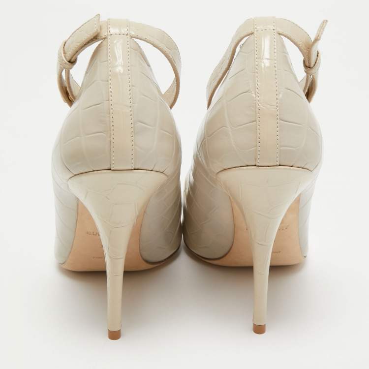 Pre Owned Burberry Cream Croc Embossed Ankle Strap Pumps Size 39.5