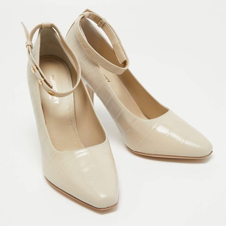Pre Owned Burberry Cream Croc Embossed Ankle Strap Pumps Size 39.5