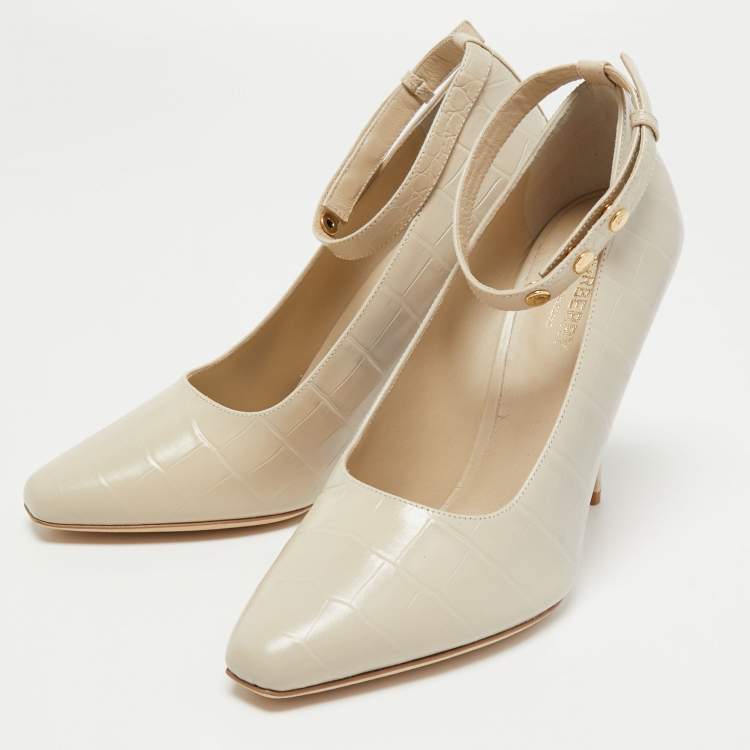 Pre Owned Burberry Cream Croc Embossed Ankle Strap Pumps Size 39.5