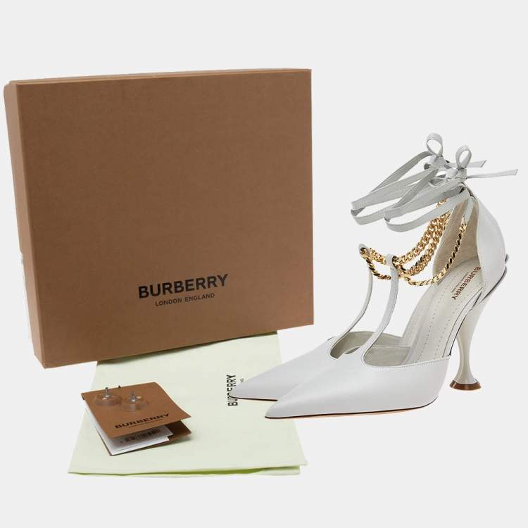 Pre Owned Burberry Grey Leather Ankle Strap Pumps Size 37.5