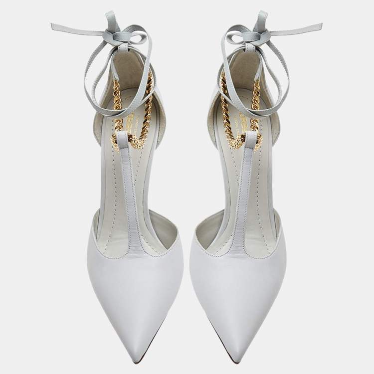 Pre Owned Burberry Grey Leather Ankle Strap Pumps Size 37.5