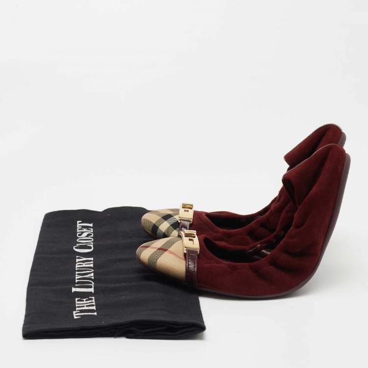 Pre Owned Burberry Burgundy Suede  and Coated Canvas Cap Toe Scrunch Ballet Flats Size Size 39.5