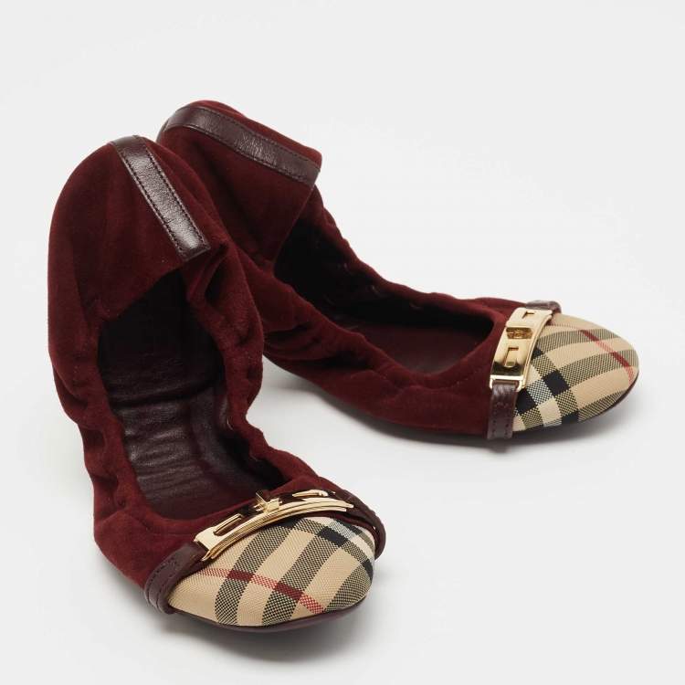 Pre Owned Burberry Burgundy Suede  and Coated Canvas Cap Toe Scrunch Ballet Flats Size Size 39.5