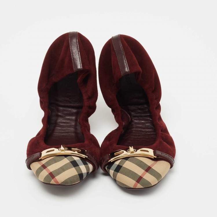 Pre Owned Burberry Burgundy Suede  and Coated Canvas Cap Toe Scrunch Ballet Flats Size Size 39.5