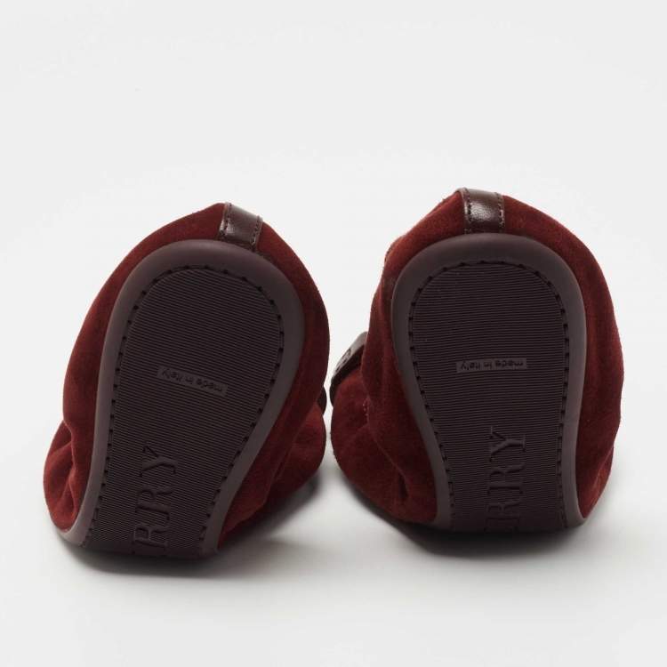 Pre Owned Burberry Burgundy Suede  and Coated Canvas Cap Toe Scrunch Ballet Flats Size Size 39.5