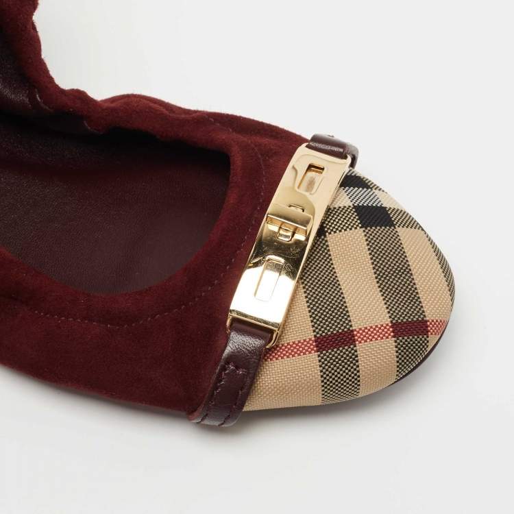 Pre Owned Burberry Burgundy Suede  and Coated Canvas Cap Toe Scrunch Ballet Flats Size Size 39.5
