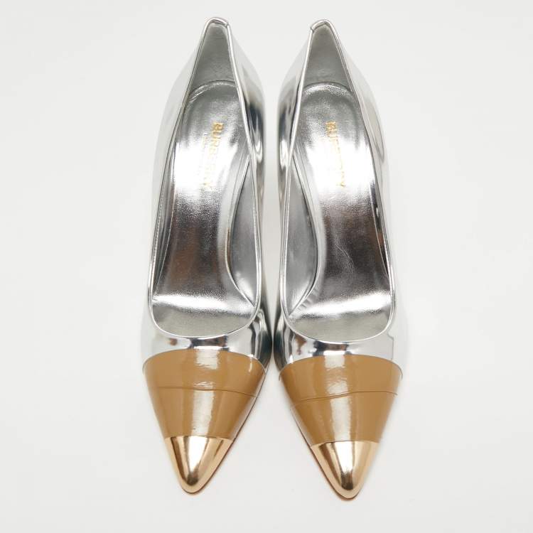 مملوكة مس�بقًا Burberry Silver/Brown Leather Annalise Pumps Size 39.5