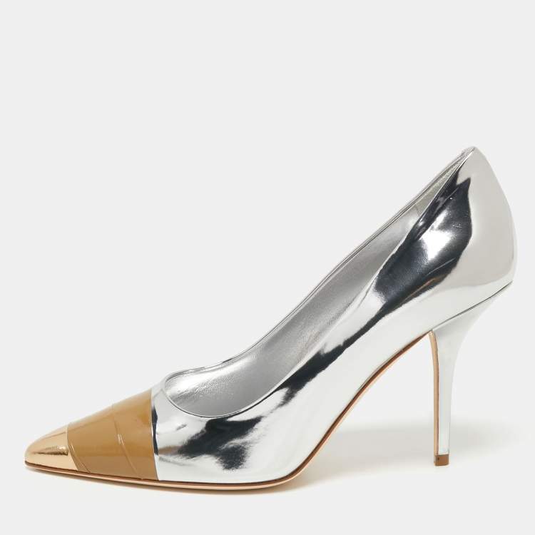 مملوكة مسبقًا Burberry Silver/Brown Leather Annalise Pumps Size 39.5