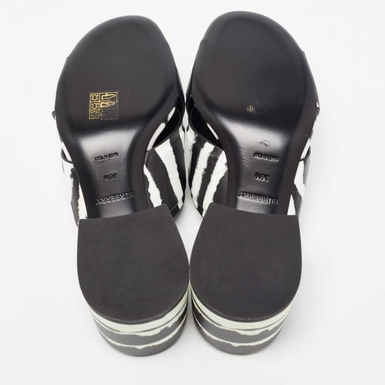 Pre Owned Burberry White/Black Leather Castlebar Slides Size 36.5