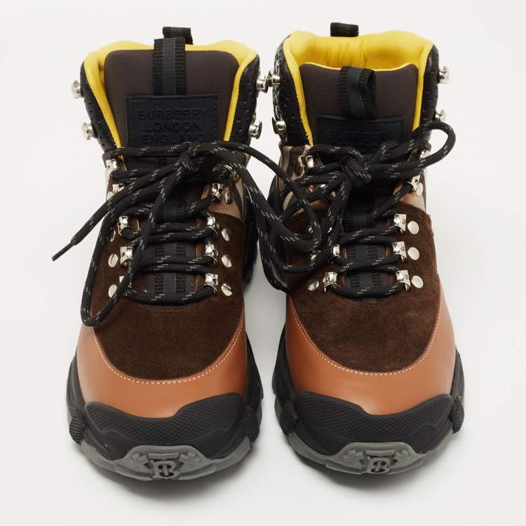 Pre Owned Burberry Brown House Check Leather and Suede Tor Hiking Boots Size 36