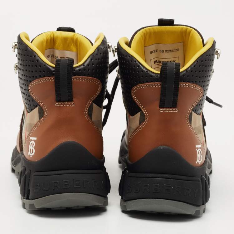 Pre Owned Burberry Brown House Check Leather and Suede Tor Hiking Boots Size 36