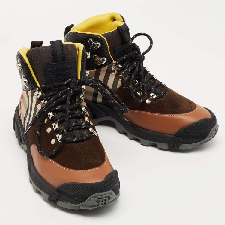 Pre Owned Burberry Brown House Check Leather and Suede Tor Hiking Boots Size 36
