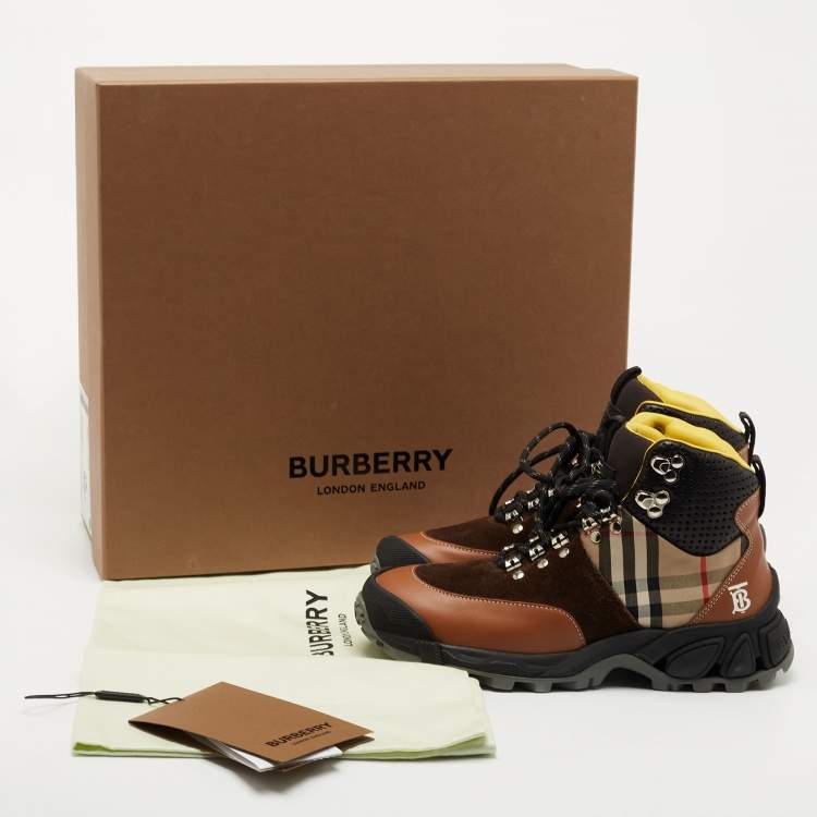 Pre Owned Burberry Brown House Check Leather and Suede Tor Hiking Boots Size 36