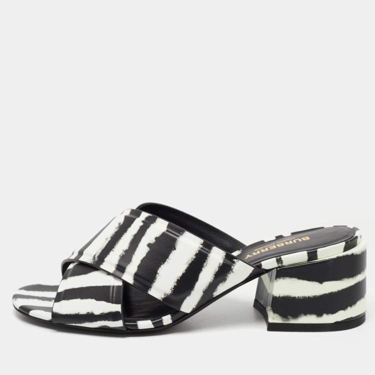 Pre Owned Burberry Black/White Leather Castlebar Mules Size 37.5