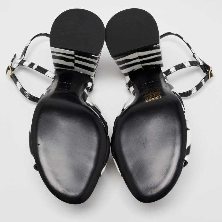 Pre Owned Burberry White/Black Leather Castlebar Ankle Strap Sandals Size 39