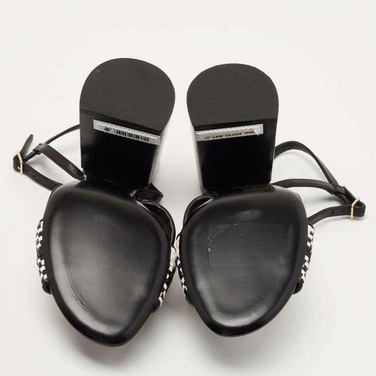 Pre Owned Burberry White/Black Woven Leather Block Heel Sandals Size 36