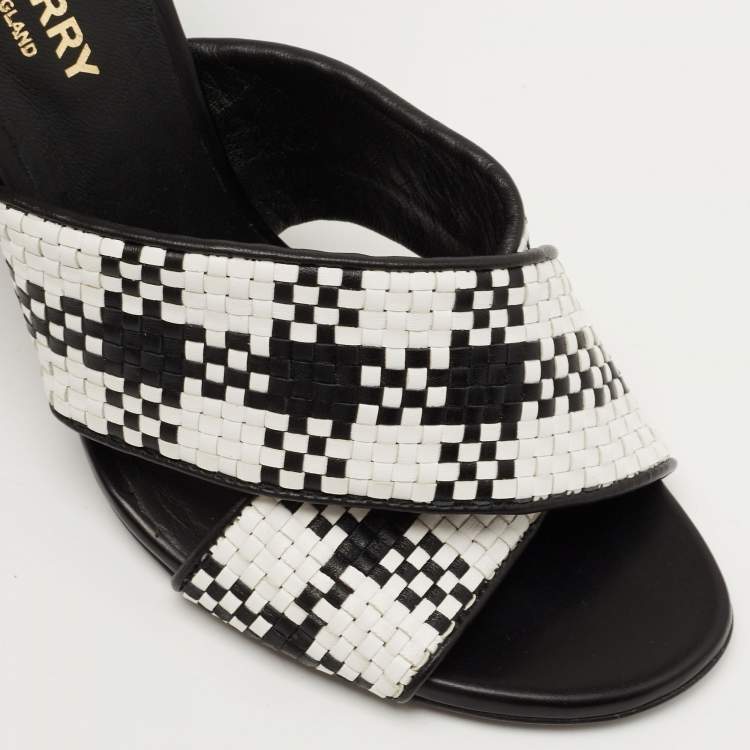 Pre Owned Burberry White/Black Woven Leather Block Heel Sandals Size 36