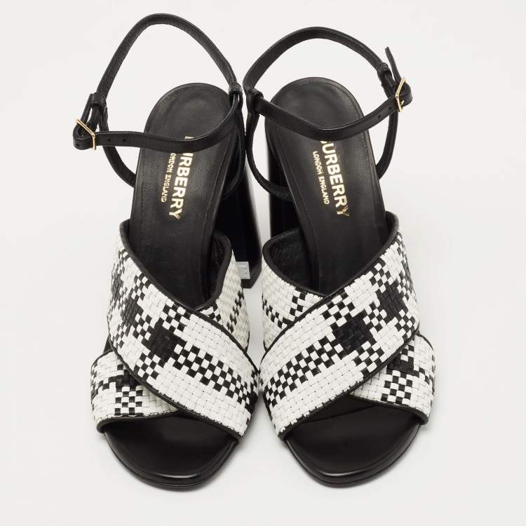 Pre Owned Burberry White/Black Woven Leather Block Heel Sandals Size 36