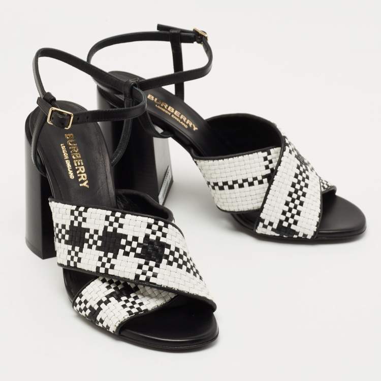 Pre Owned Burberry White/Black Woven Leather Block Heel Sandals Size 36