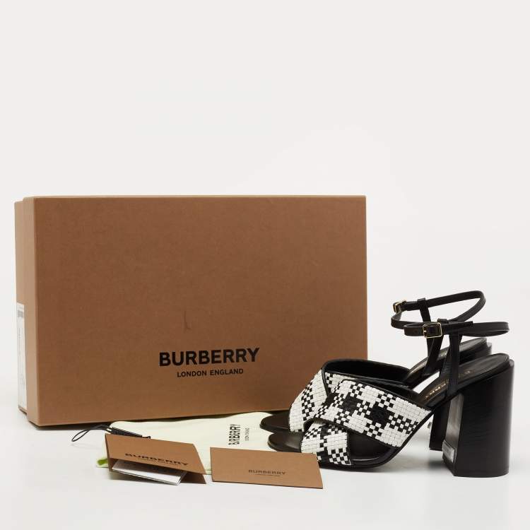 Pre Owned Burberry White/Black Woven Leather Block Heel Sandals Size 36