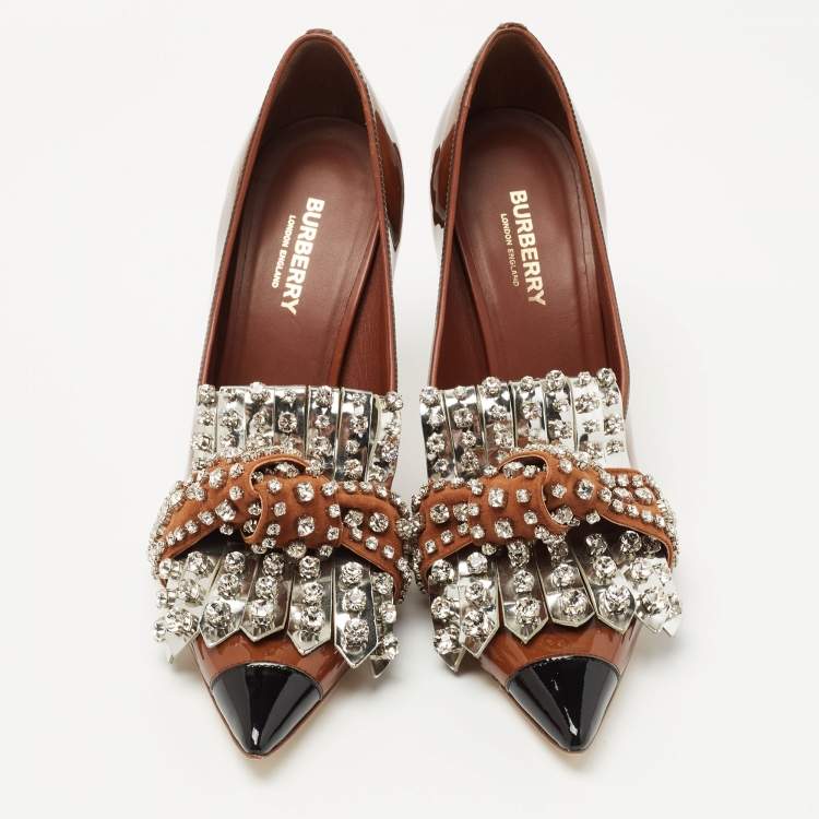Pre Owned Burberry  Brown Patent Leather Embellished Pumps Size 39