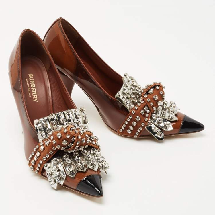 Pre Owned Burberry  Brown Patent Leather Embellished Pumps Size 39