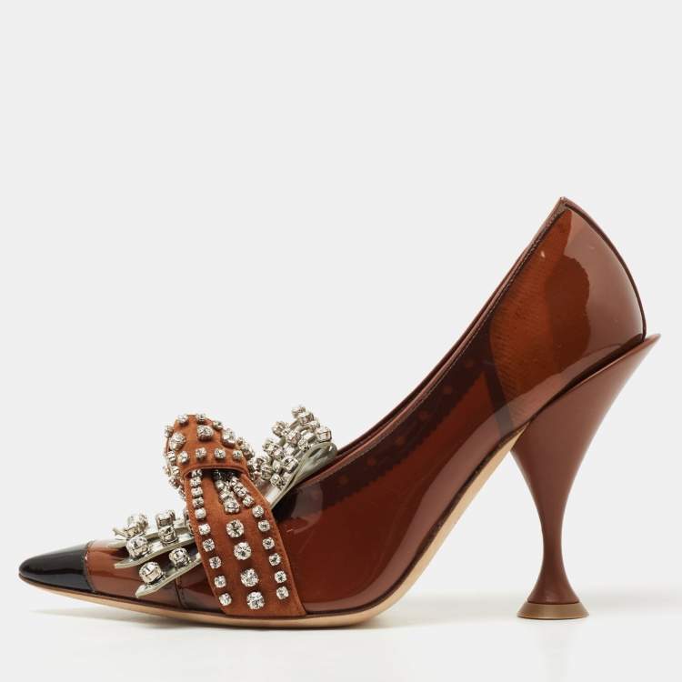 Pre Owned Burberry  Brown Patent Leather Embellished Pumps Size 39