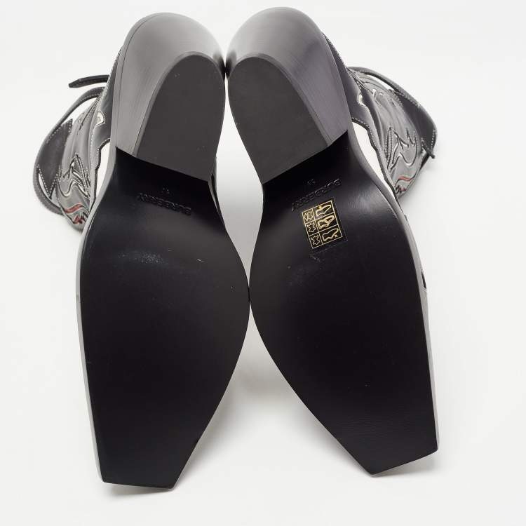 Pre Owned Burberry Black Leather Topstitch Applique Matlock Cowboy Ankle Boots Size 38